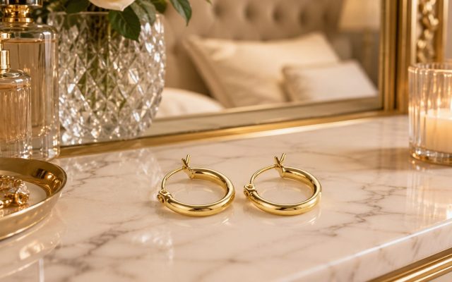 14k gold-plated huggie hoop earrings on a marble vanity with perfume bottles, gold jewelry tray and a lit candle