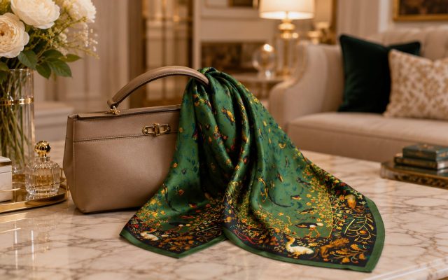 Green mulberry silk square scarf with floral bird print draped over a taupe handbag handle on a marble table