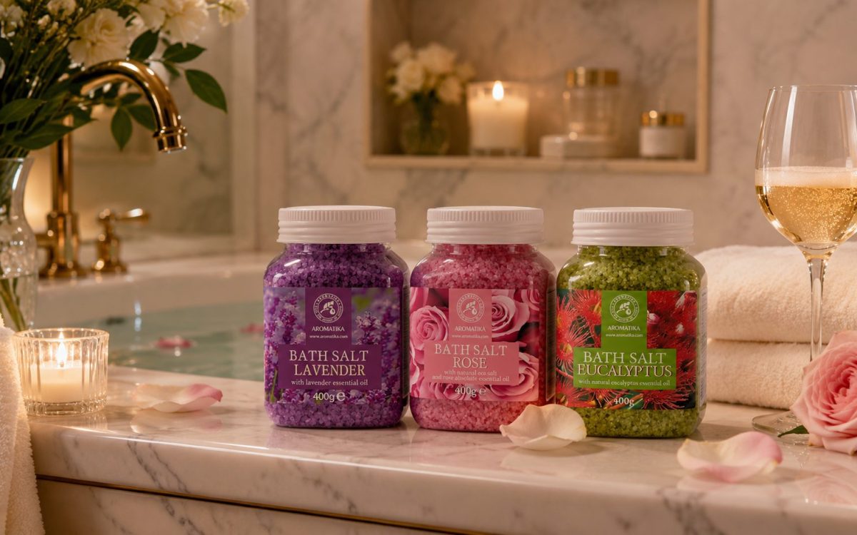 AROMATIKA lavender rose and eucalyptus bath salt jars on a marble bathtub ledge with candles, champagne and rose petals