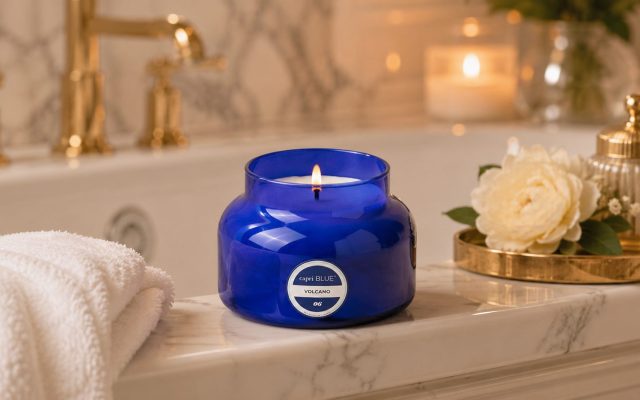 Capri Blue Volcano candle in cobalt blue signature jar burning on a marble bathtub ledge with gold faucet and white peony