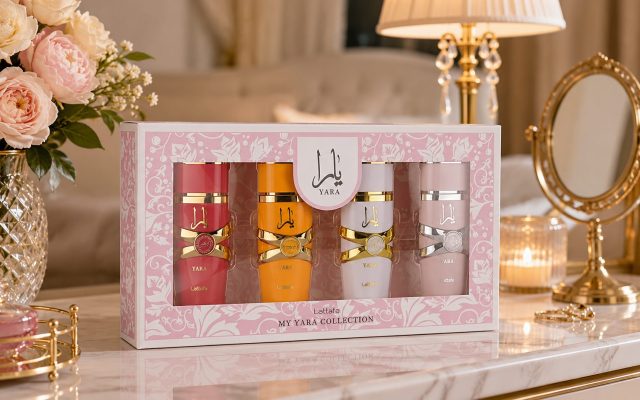 Lattafa My Yara Collection 4-piece perfume gift set box on an elegant vanity with roses, candle and gold mirror