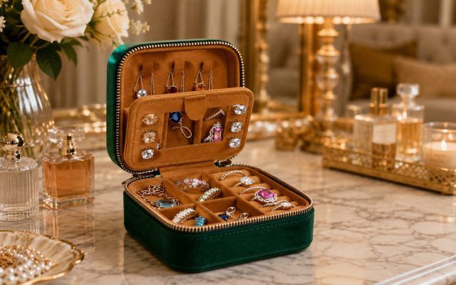 Emerald green velvet travel jewelry case open on a marble vanity showing rings, necklaces and earrings organized inside