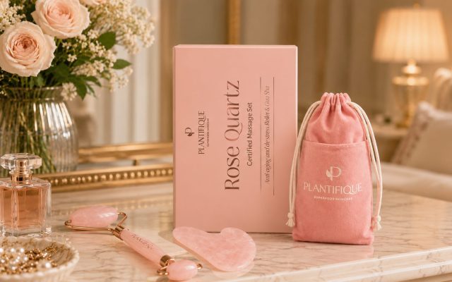 PLANTIFIQUE rose quartz gua sha and facial roller set with pink box and velvet pouch on a marble vanity with roses