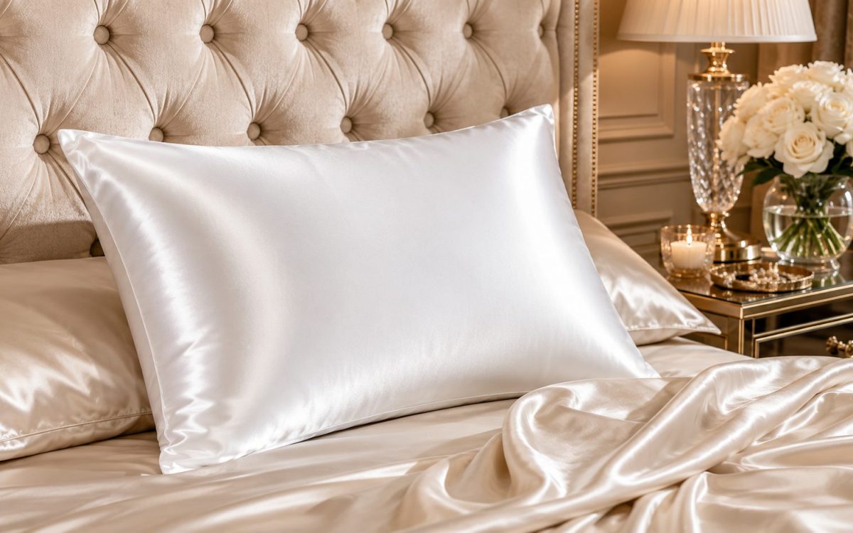 SilkSilky white mulberry silk pillowcase on a luxurious bed with champagne satin bedding, white roses and a candle