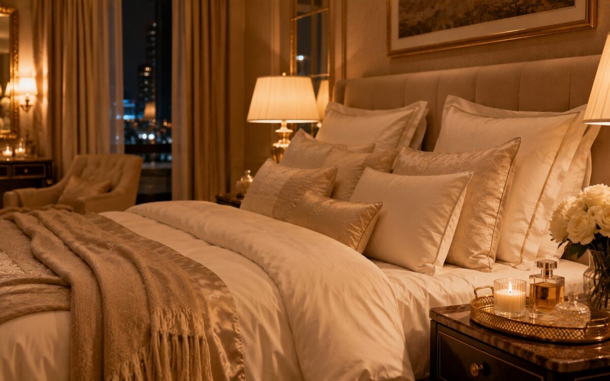 Luxurious hotel-style bedroom at night with crisp white bedding, layered pillows, warm bedside lamps, a gold tray with candle and perfume, and cream roses
