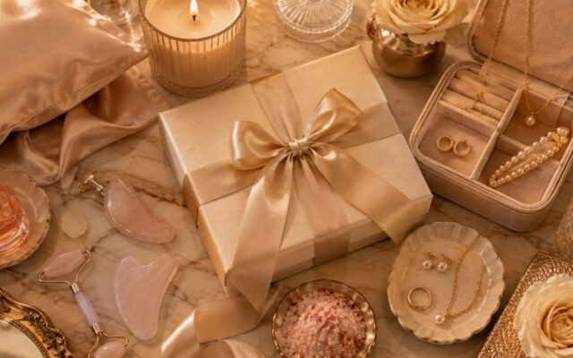 Elegant gift flat lay on marble with a satin-ribbon gift box, scented candle, rose quartz gua sha set, jewelry case, pearl earrings, bath salts and gold jewelry