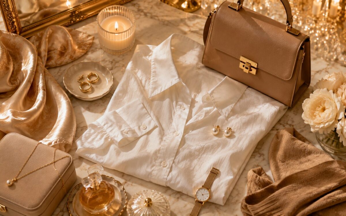 Old money aesthetic flat lay with camel top-handle bag, white shirt, camel knit sweater, gold hoop earrings, pearl necklace, watch and ballet flats on gold silk