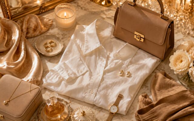 Old money aesthetic flat lay with camel top-handle bag, white shirt, camel knit sweater, gold hoop earrings, pearl necklace, watch and ballet flats on gold silk