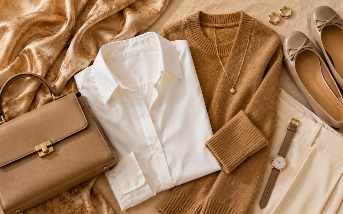 Quiet luxury outfit flat lay with camel top-handle bag, white shirt, camel knit sweater, gold hoops, pearl necklace, leather-strap watch and beige ballet flats