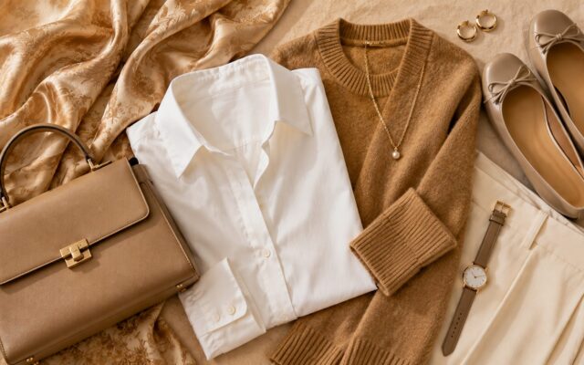 Quiet luxury outfit flat lay with camel top-handle bag, white shirt, camel knit sweater, gold hoops, pearl necklace, leather-strap watch and beige ballet flats