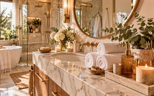 Spa-like bathroom with marble vanity, rolled white towels, brass mirror, eucalyptus and a lit candle in warm light