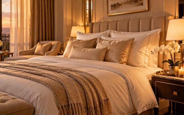 Luxurious hotel-style bedroom with plush layered white bedding, warm bedside lamps and orchid at golden dusk