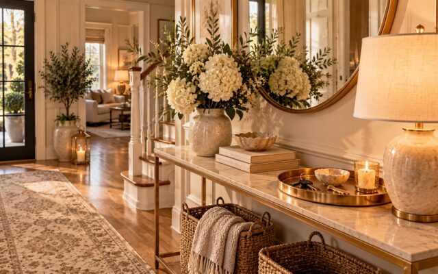 Elegant entryway console with white hydrangeas, a round gold mirror, warm lamp, gold tray and woven baskets in golden light