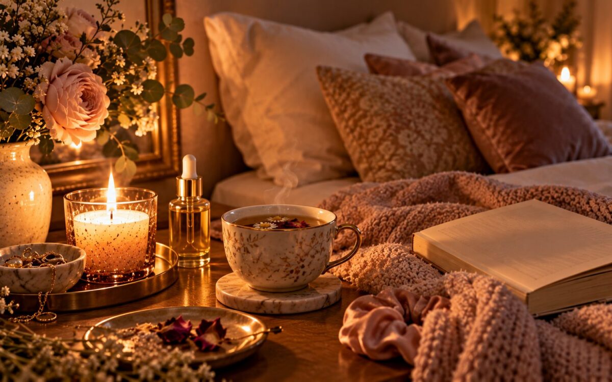 Candlelit bedside at night with herbal tea, a lit candle, facial oil, flowers and an open book on a cosy bed