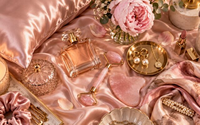 Blush satin flat-lay with perfume, rose quartz gua sha and roller, pearl jewellery on a gold tray, a peony and a silk scarf