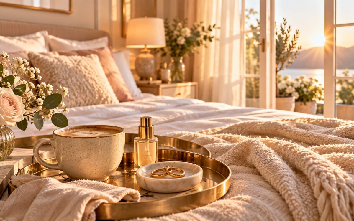 Gold breakfast tray on a bed with coffee, a serum bottle and gold hoops in a marble dish, sunrise through the window