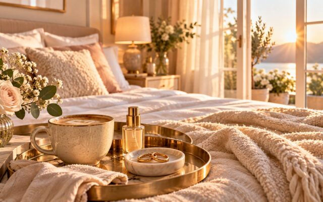 Gold breakfast tray on a bed with coffee, a serum bottle and gold hoops in a marble dish, sunrise through the window