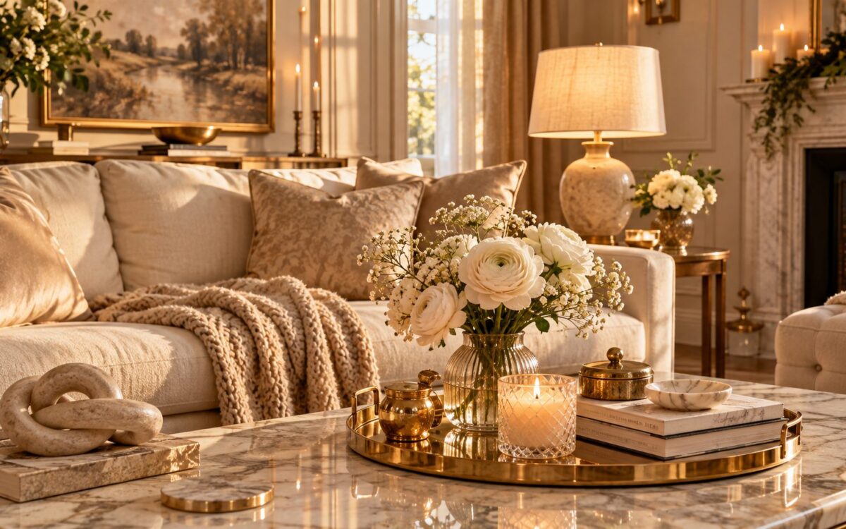 Warm, expensive-looking living room with a gold tray, candle and white flowers on a marble coffee table
