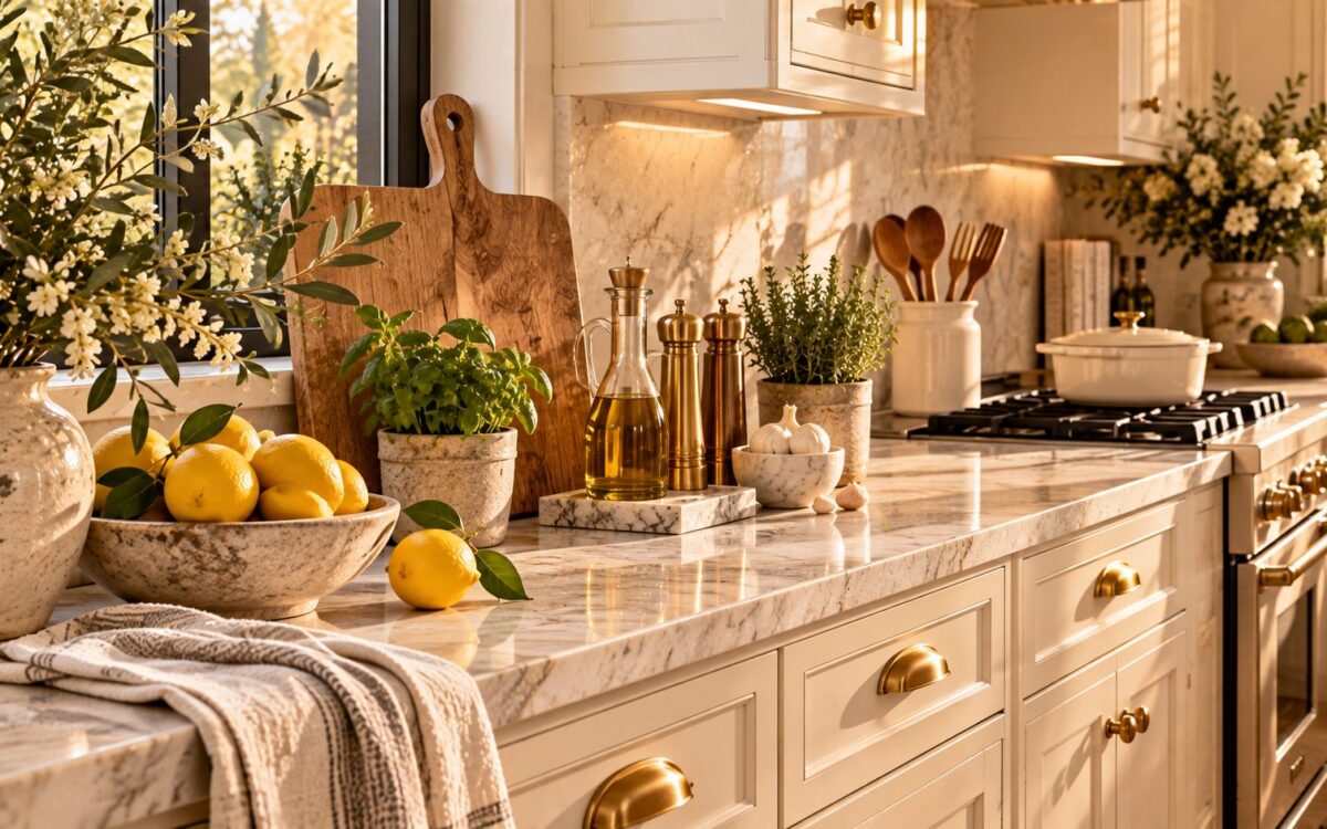 Cream kitchen with marble counters, brass cup-pull hardware, a bowl of lemons, herbs and olive oil in golden light