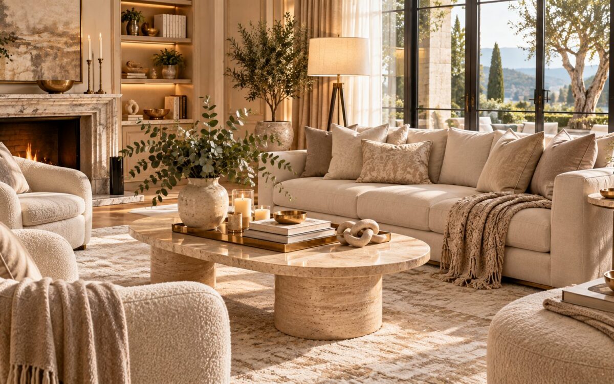 Expensive-looking cream living room with boucle chairs, travertine coffee table, gold tray and a fireplace in warm light