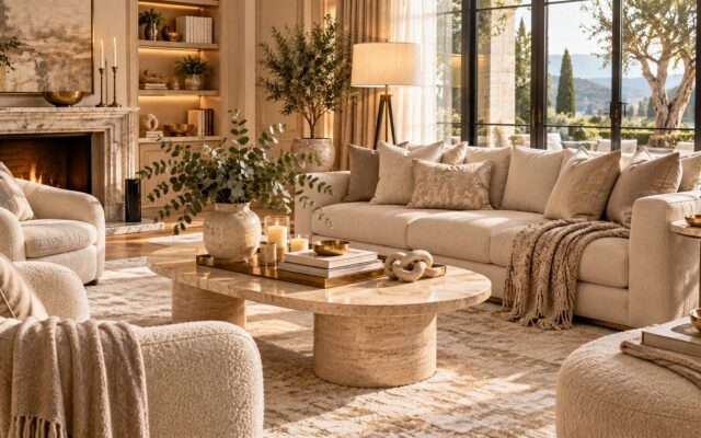 Expensive-looking cream living room with boucle chairs, travertine coffee table, gold tray and a fireplace in warm light