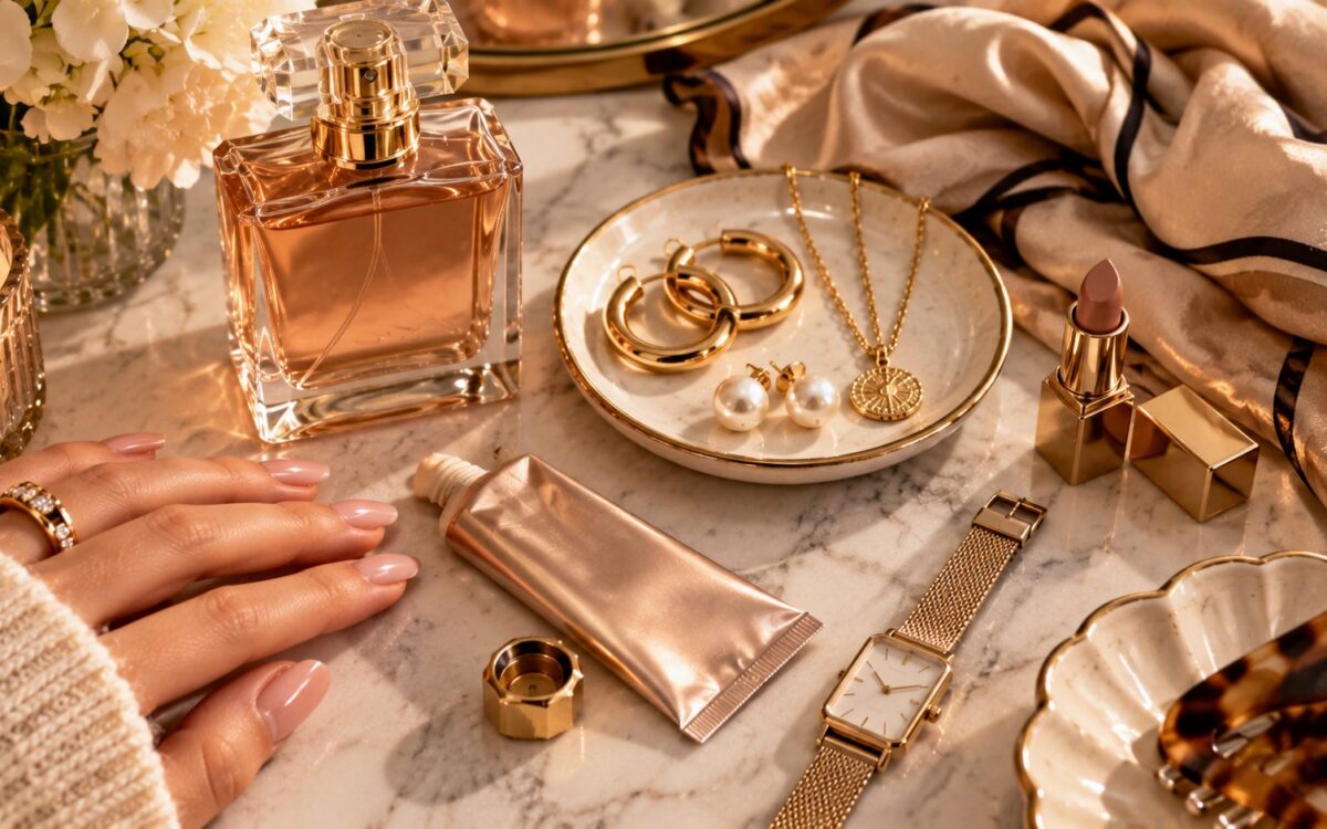 Marble vanity with a woman's manicured hand, perfume, gold hoops, pearl studs and pendant in a dish, hand cream, watch and lipstick