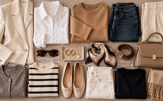 Neutral capsule wardrobe flat-lay: cream blazer, white shirt, camel and grey knits, denim, trousers, ballet flats, scarf, belt and taupe bag