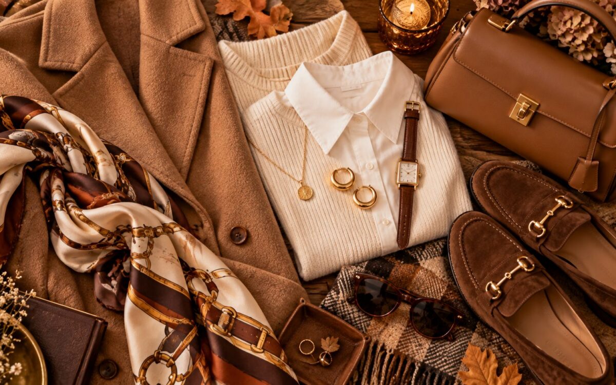 Old money fall flat-lay with camel coat, cream knit, white shirt, silk scarf, brown leather bag, suede loafers and gold jewellery