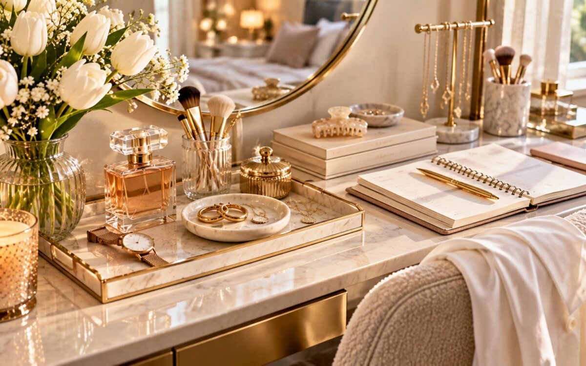 Elegant marble vanity with perfume, an open planner and gold pen, a watch, gold hoops and chain in a tray, white tulips