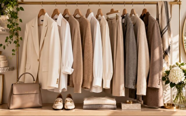 Neutral clothing rack of quiet luxury pieces: cream blazer, white shirts, camel and grey knits, tailored trousers, loafers and a taupe bag