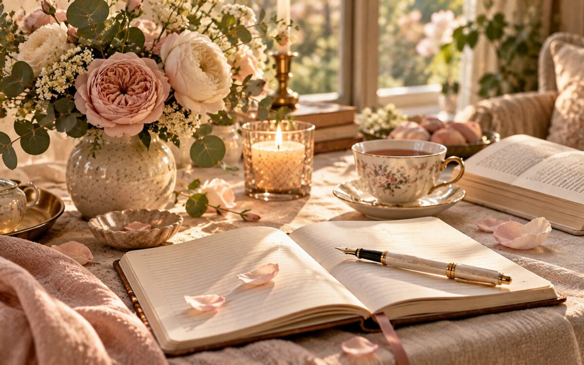 Sunlit table with an open journal and fountain pen, roses, a lit candle and a floral teacup, a romanticized morning