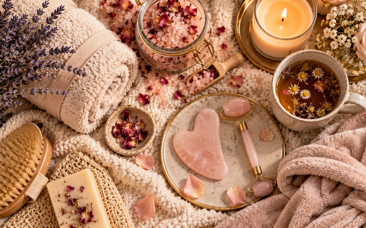 Flat-lay self-care spread with lavender, rolled towel, pink bath salts, rose quartz gua sha, candle and herbal tea