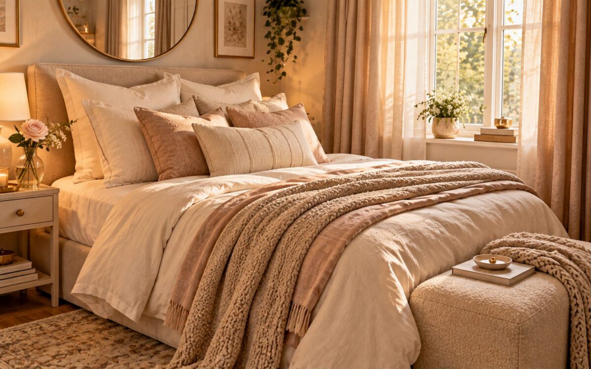 Cosy small bedroom with layered cream and blush bedding, warm lamp, round mirror and soft morning light